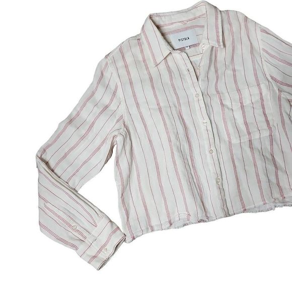 Pistola Tops | Pistola Crop Button Down in Manchester Stripe | Color: Pink/White - Picture 4 of 6